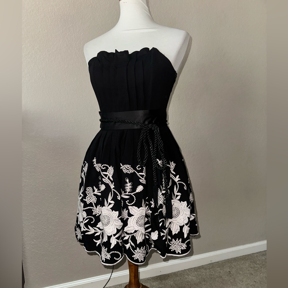 Black Strapless Dress with White Floral Design